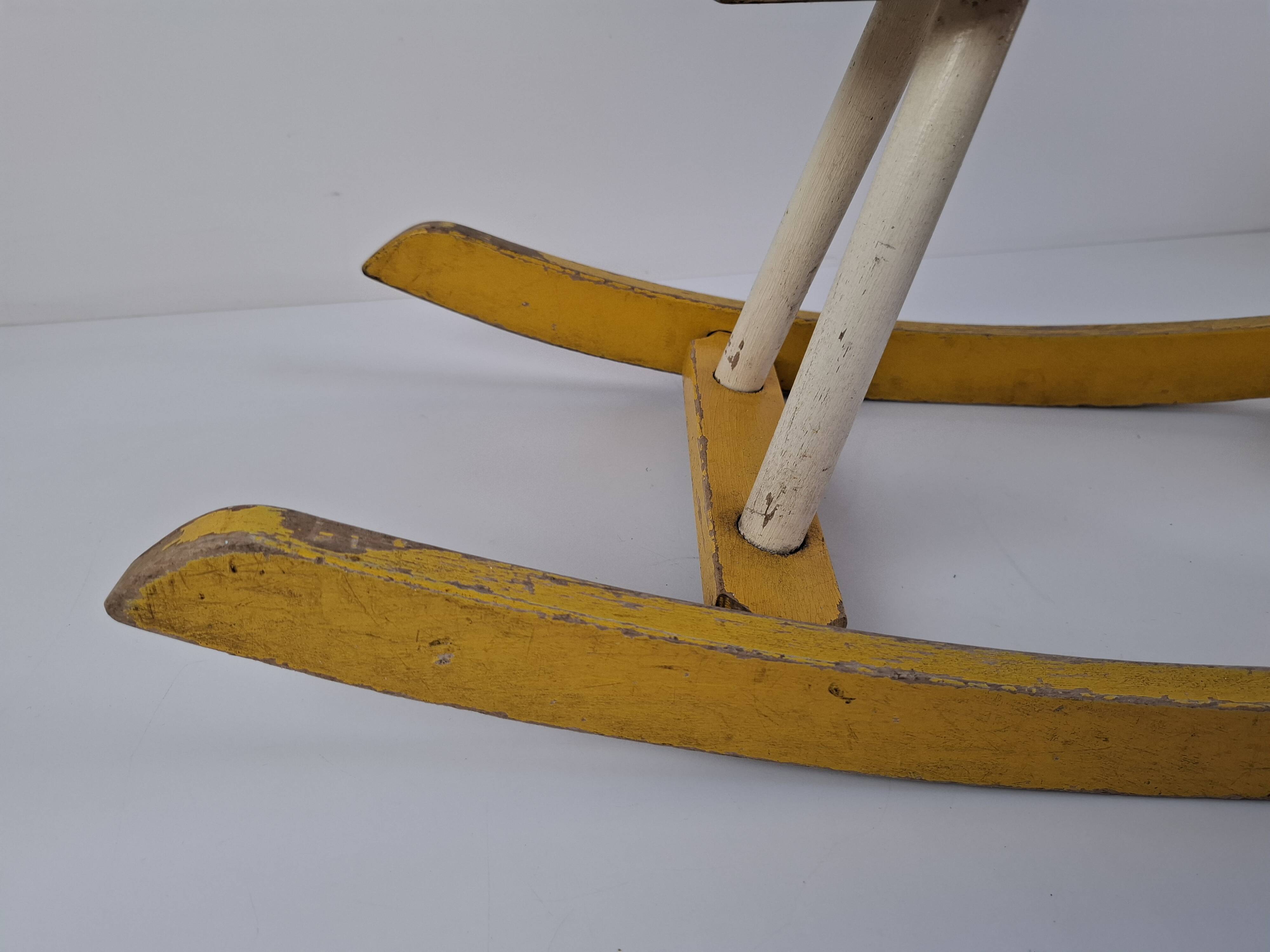 Mid-Century Czechoslovak Wooden Rocking Horse, Hand-Painted, 1960s