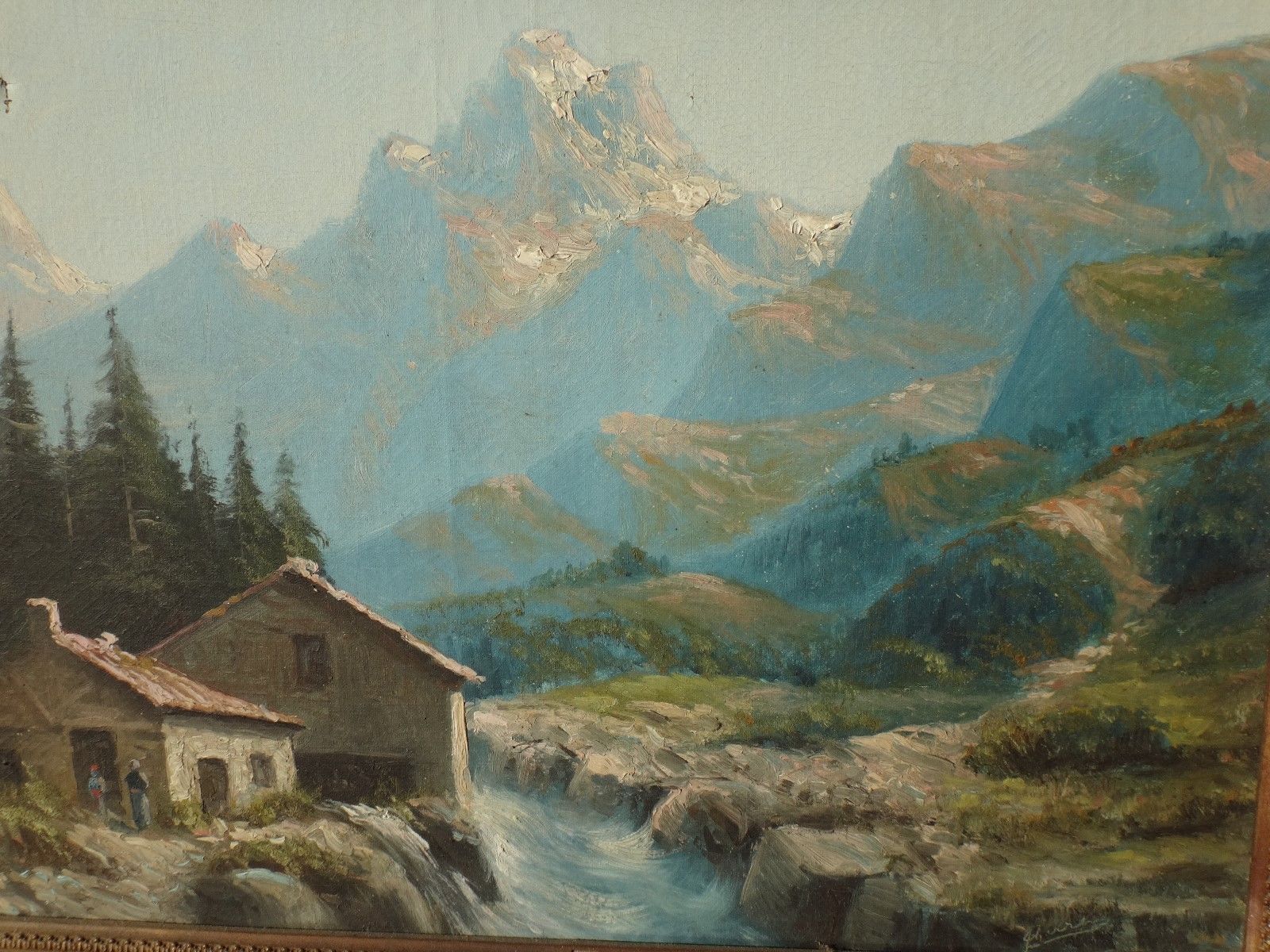 Painting mountains snowy landscape frame gilded wood signed 72x62cm