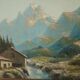 Painting mountains snowy landscape frame gilded wood signed 72x62cm