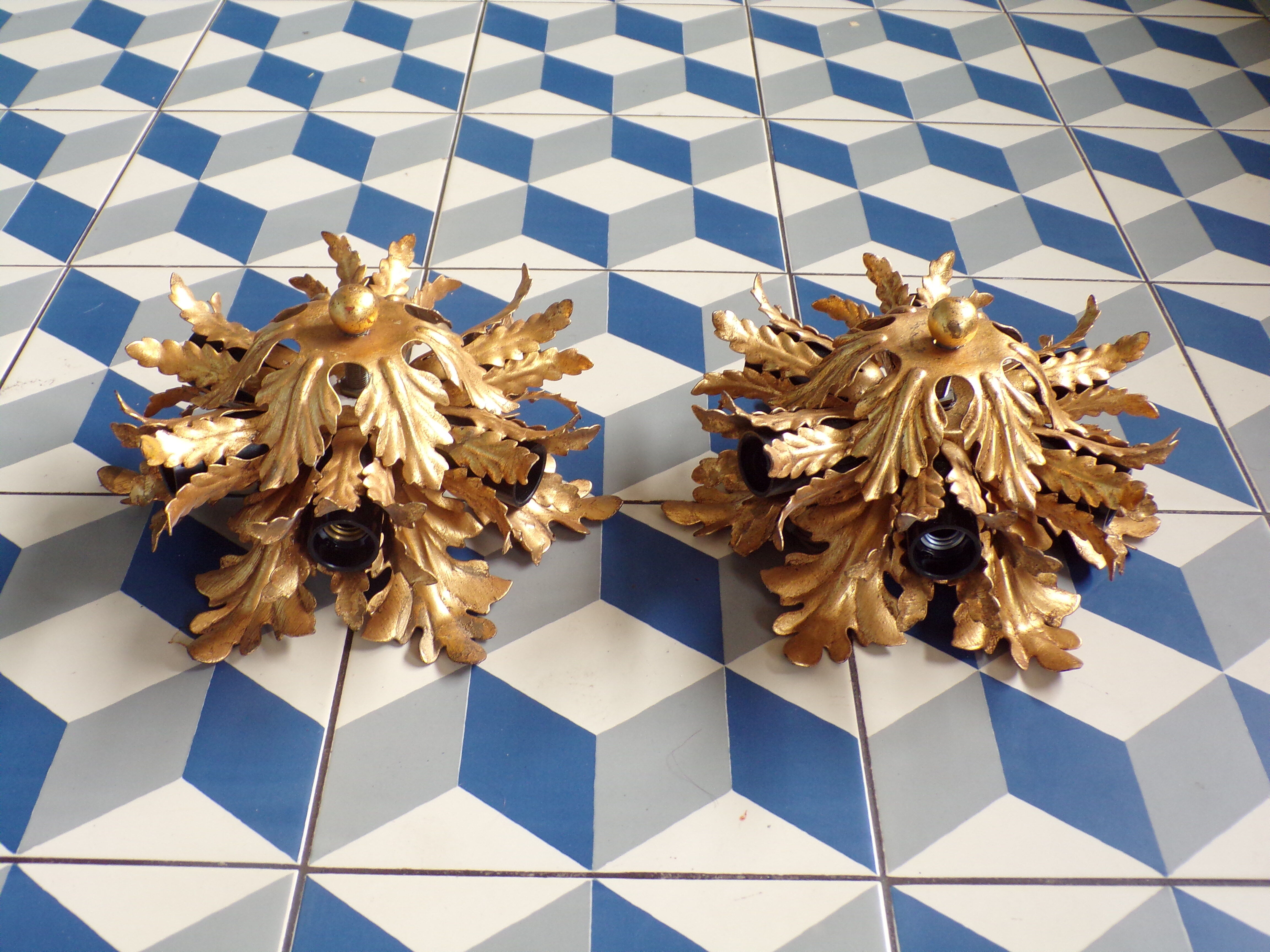 Pair of gold iron leaf ceiling lights