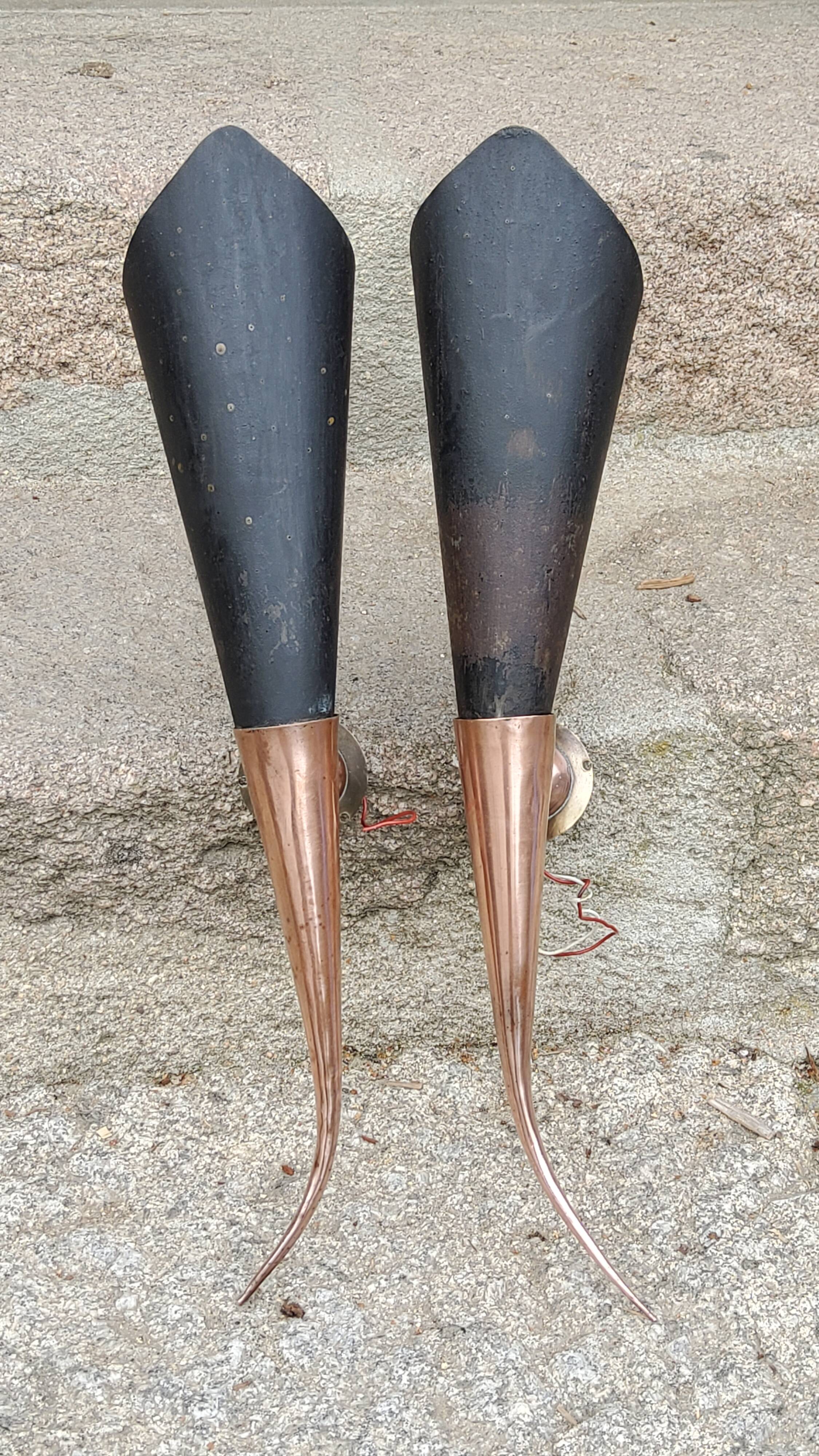 Pair of vintage 50s copper and metal wall lights