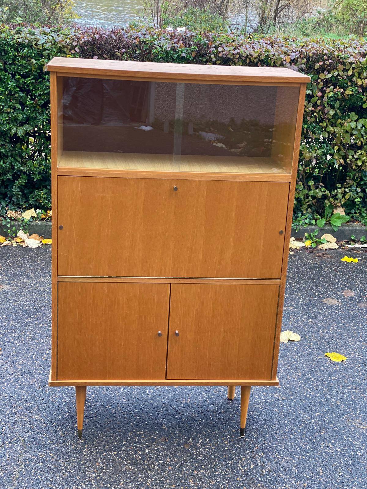 Vintage Scandinavian glass secretary with 3 doors and compass legs 145cm