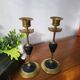 Pair of brass and black hard stone candlesticks