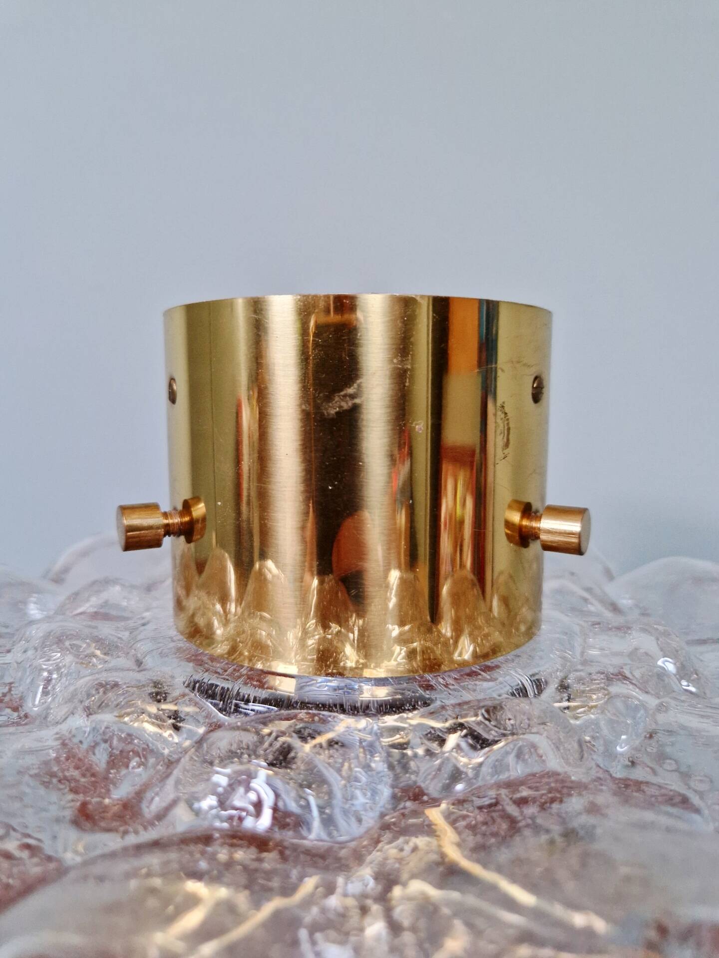 Brass and textured transparent glass ceiling light, Limburg, 1970