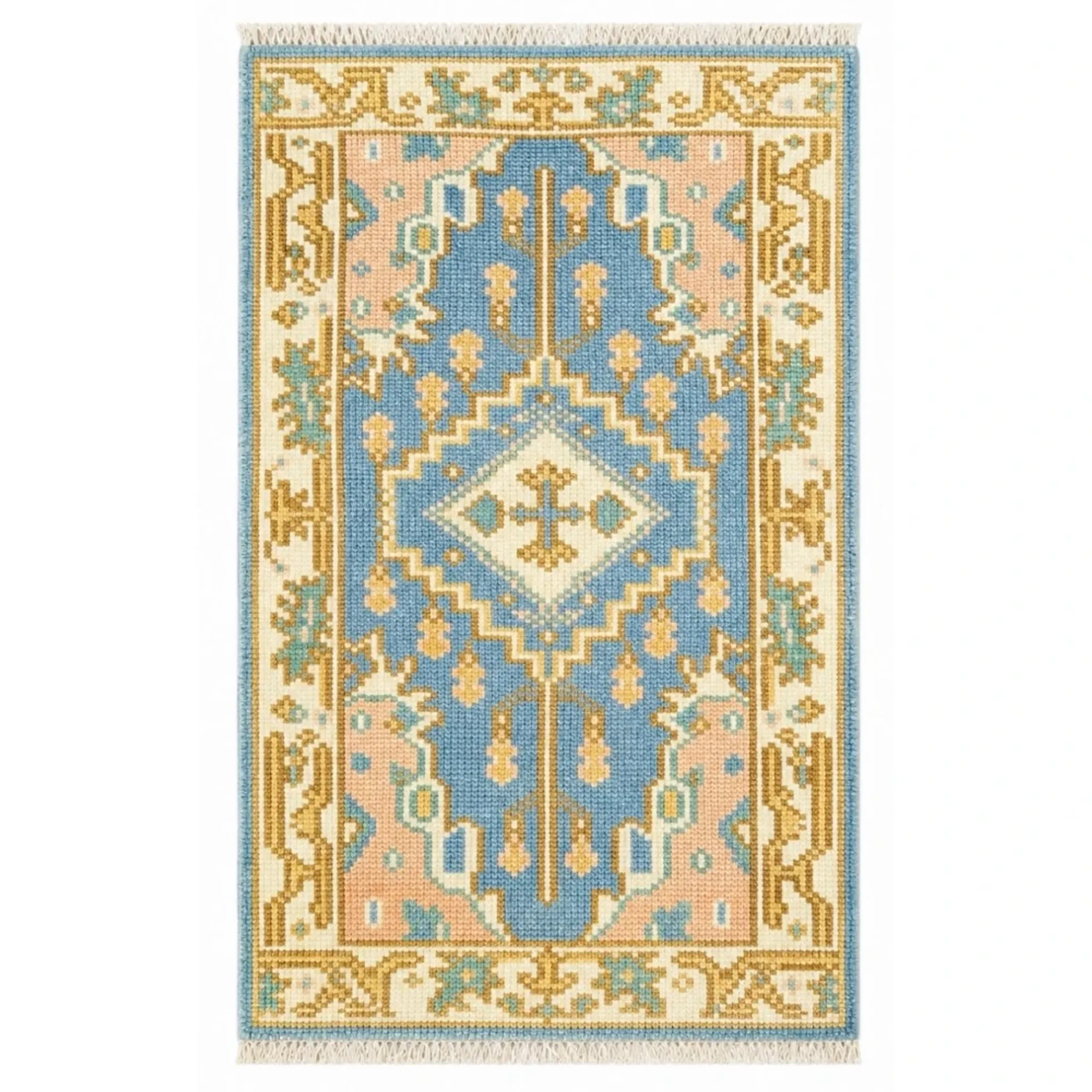 Hand-Knotted Oushak Wool Area Rug, Blue Medallion Design Accent Rug for Entryway
