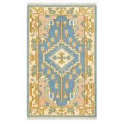 Hand-Knotted Oushak Wool Area Rug, Blue Medallion Design Accent Rug for Entryway