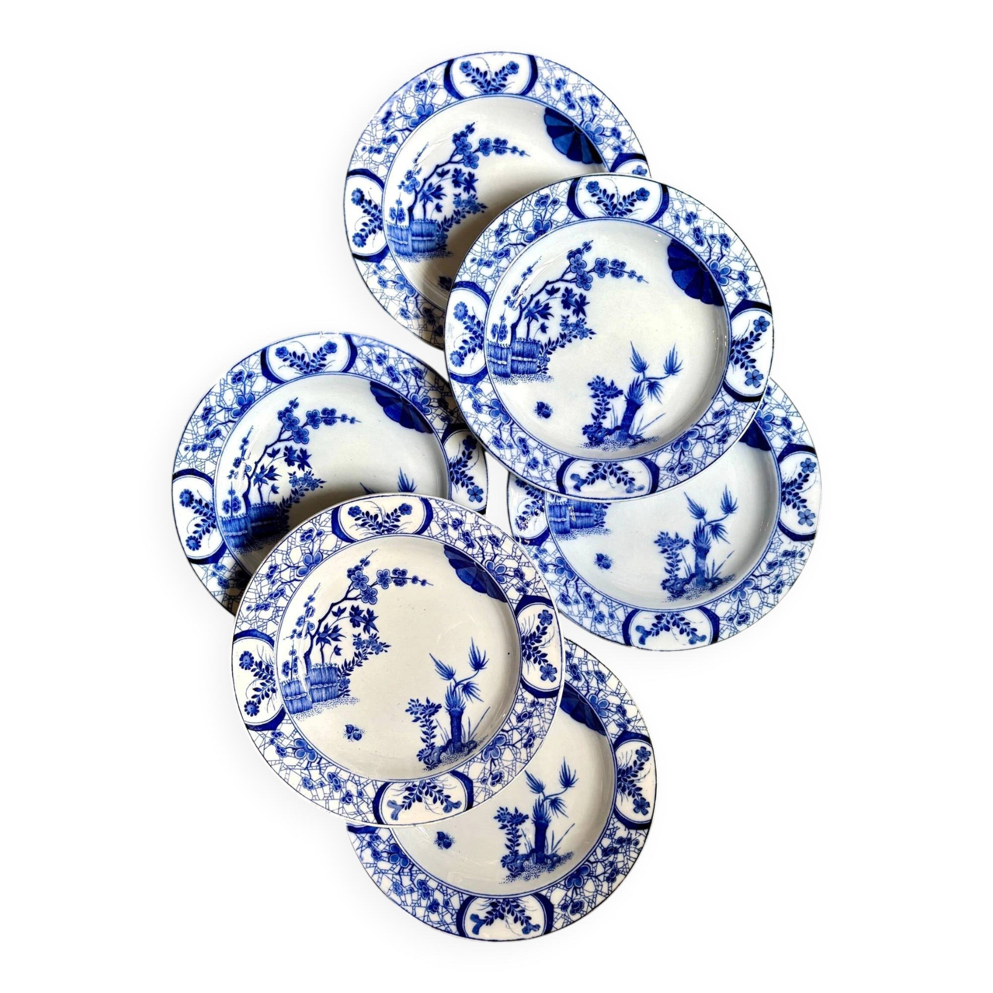 6 deep plates Creil & Montereau in blue ironstone, "Japan" service.