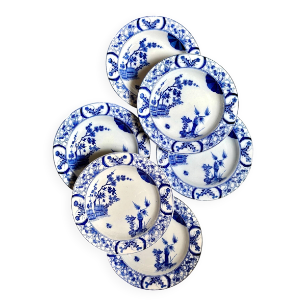 6 assiettes creuses Creil & Montereau en terre de fer bleue, service ''Japon