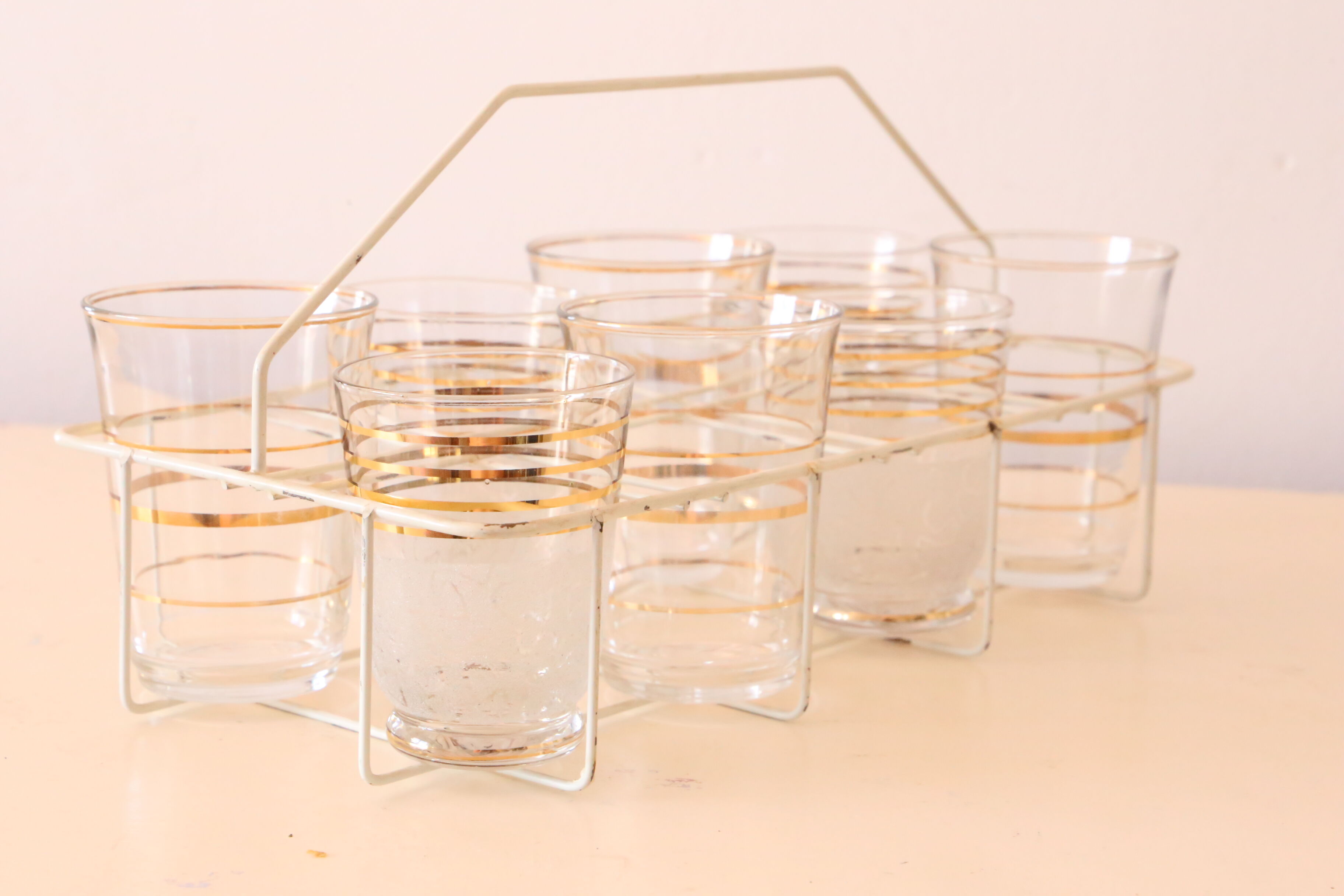 Support à verre en métal et ses 8 verres, vintage, authentique, années 60