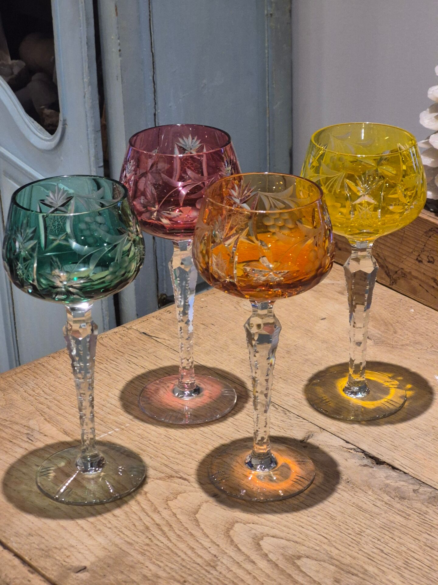 Set of 4 vintage coloured cut crystal wine glasses