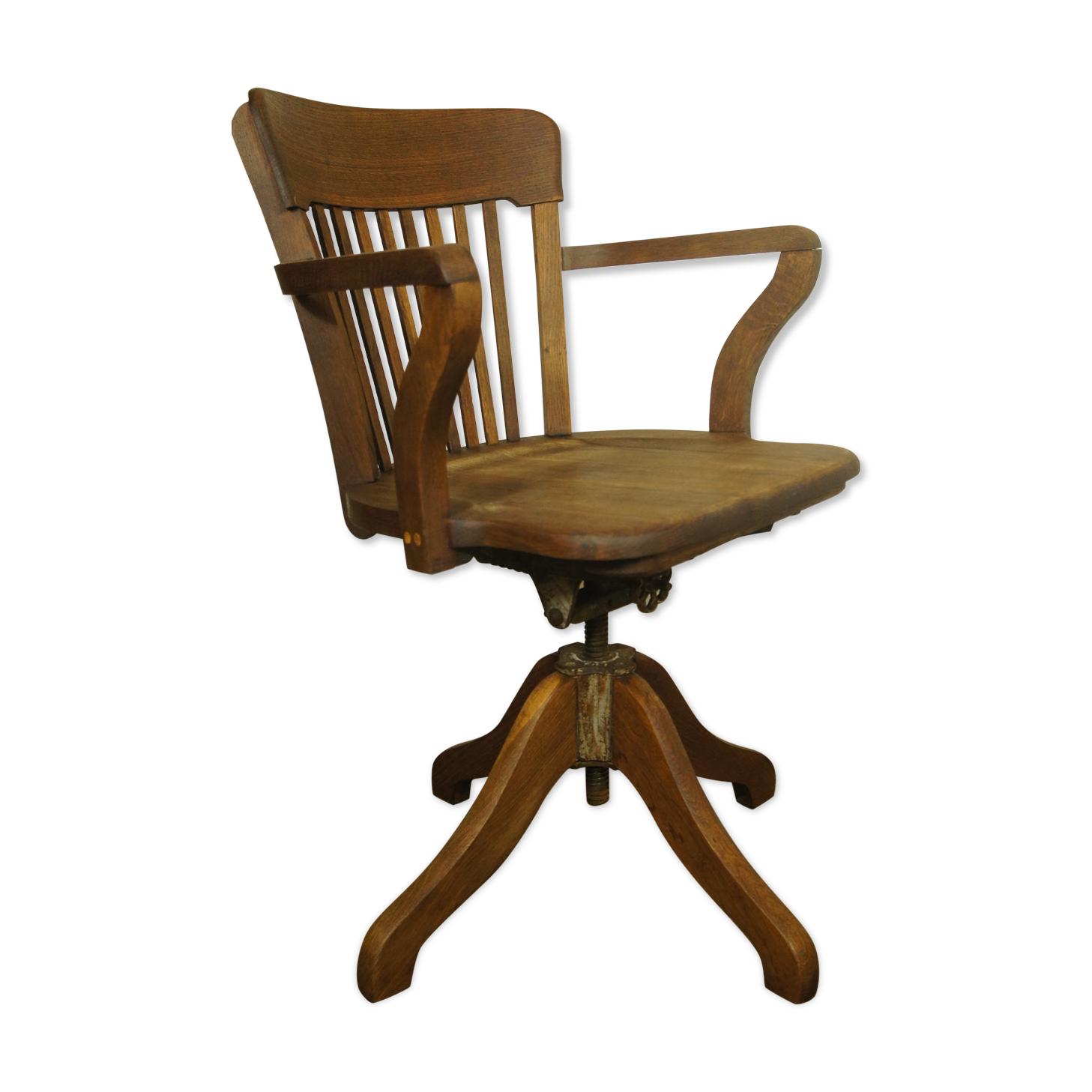 American solid oak armchair, swivel 360 °, tilting & adjustable in height. c. 1920