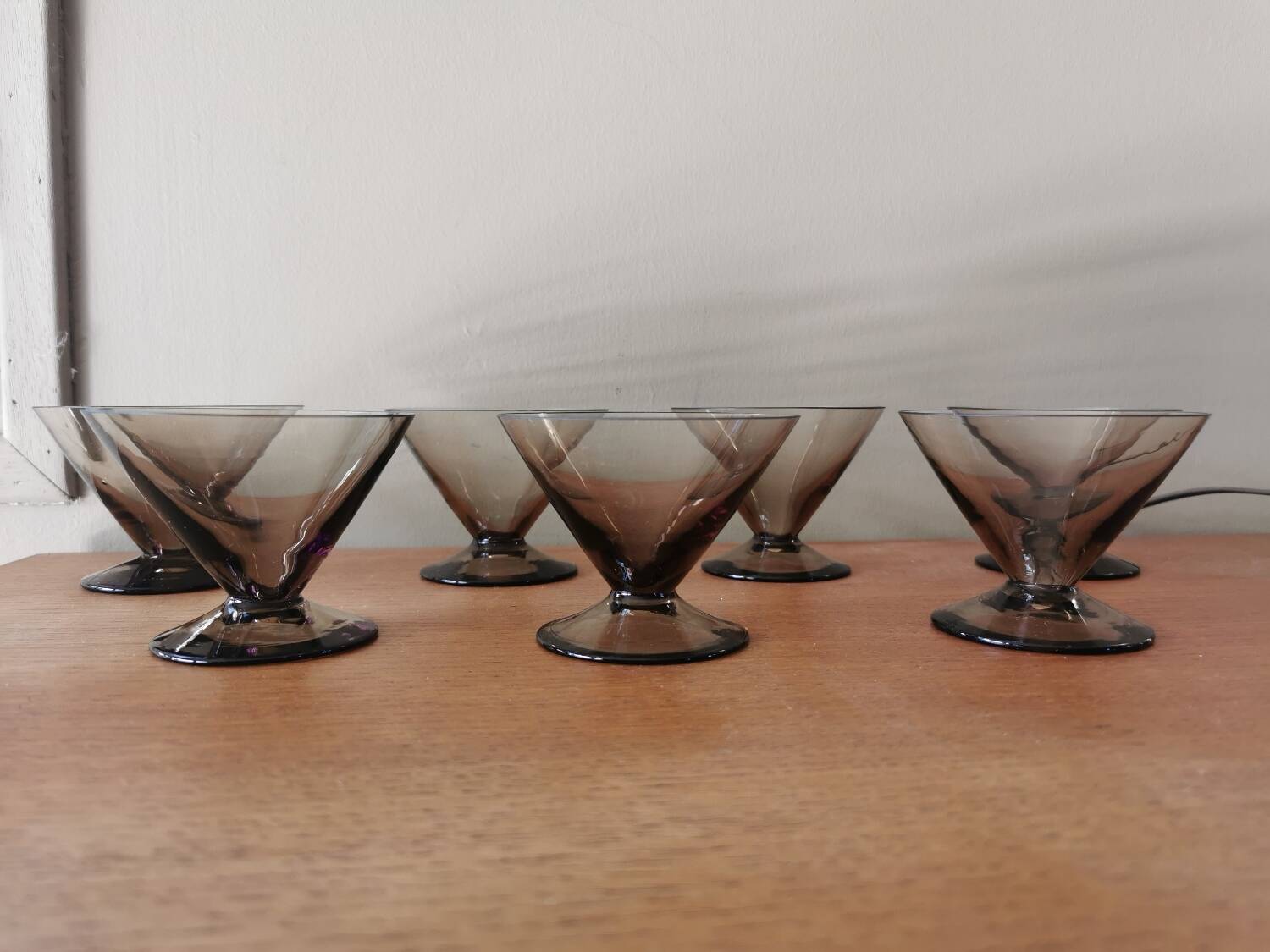 Set of 7 smoked glass art deco cups