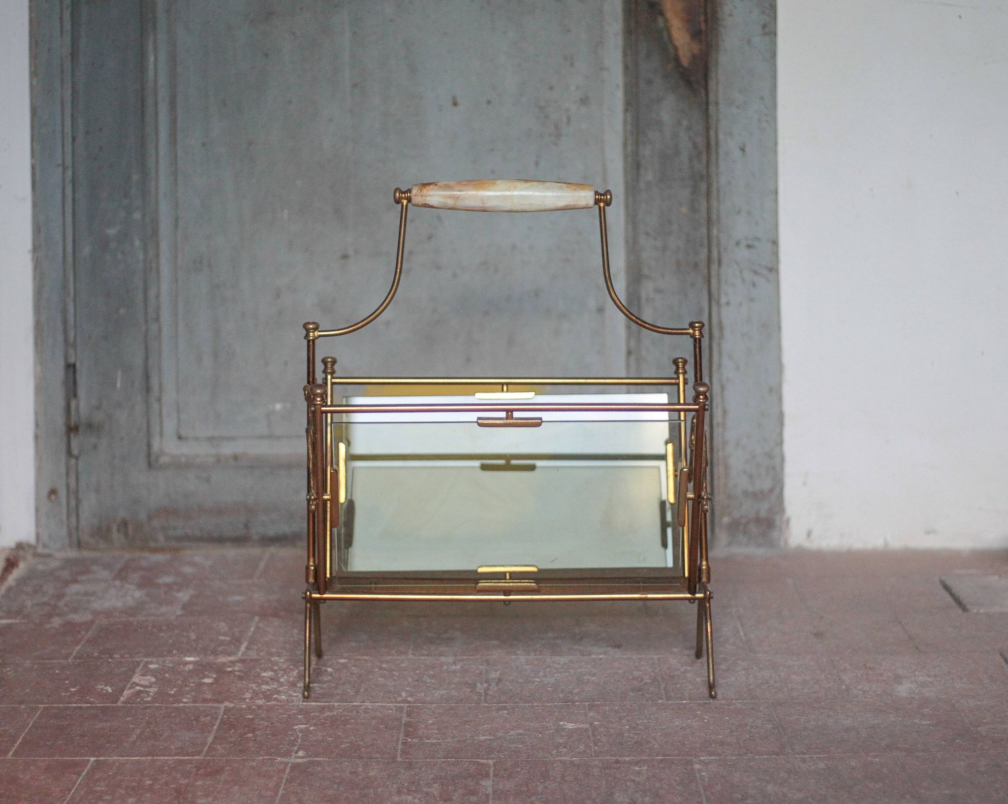 vintage magazine rack, brass and smoked glass magazine rack, newspaper, magazine