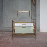 vintage magazine rack, brass and smoked glass magazine rack, newspaper, magazine