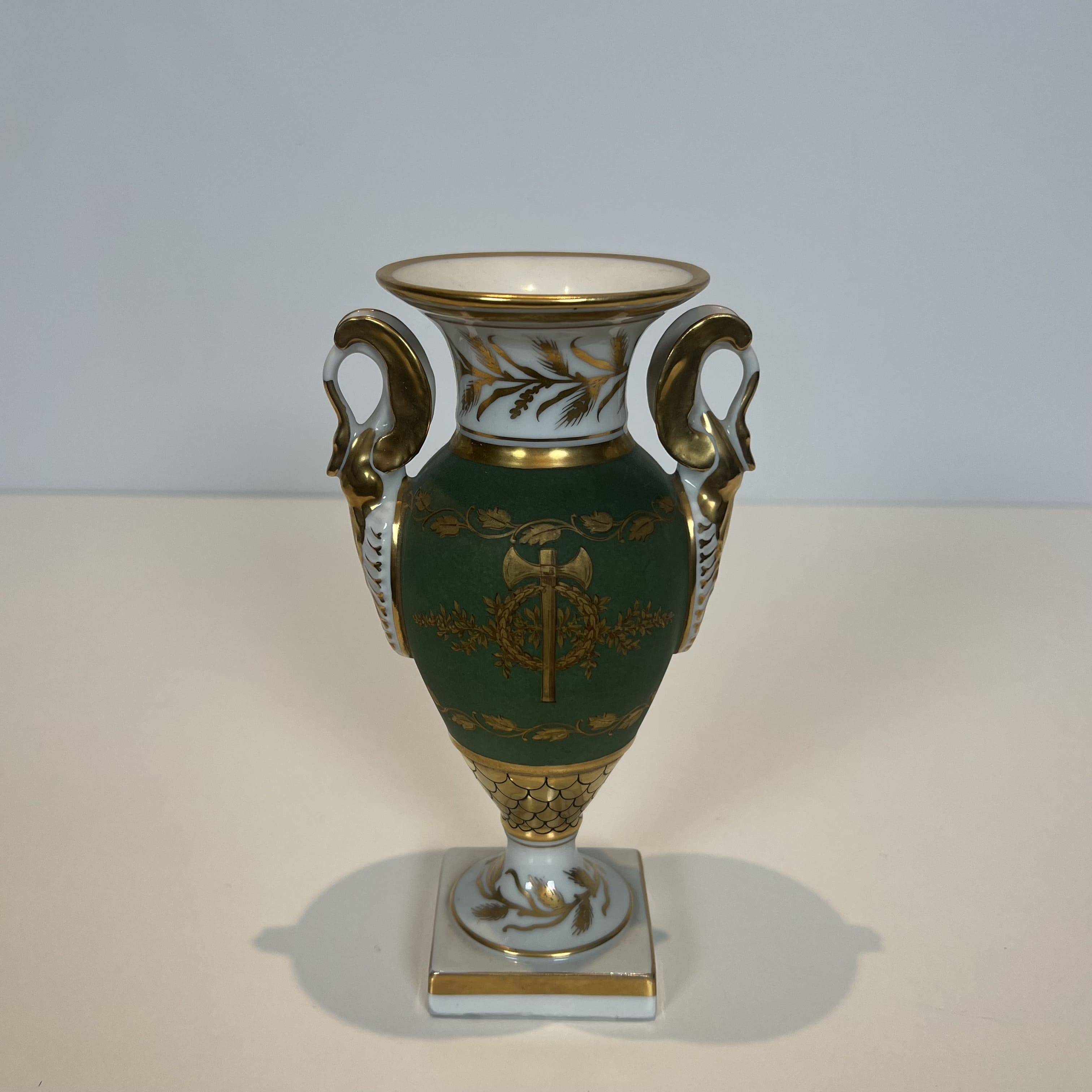 Pair of Empire Style Porcelain Vases, Decorated with Swans and Bundles
