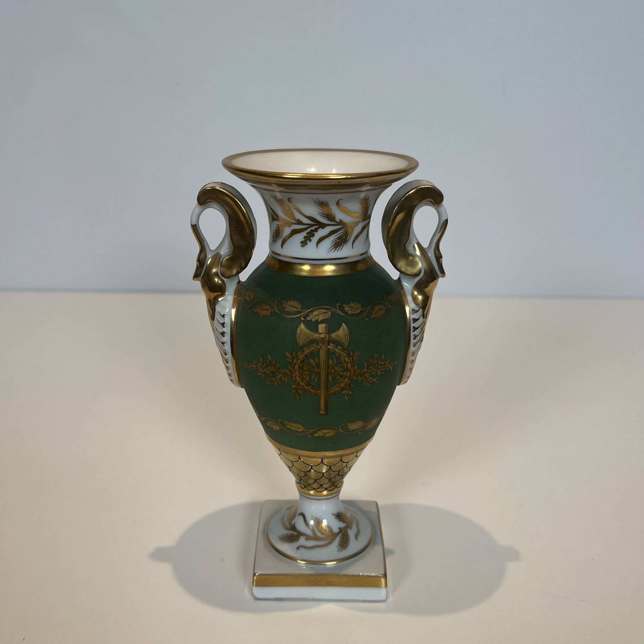 Pair of Empire Style Porcelain Vases, Decorated with Swans and Bundles