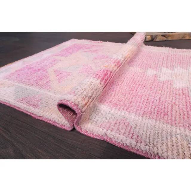 Vintage Turkish Hand-Knotted Wool Cotton Pink Runner Rug 80x365