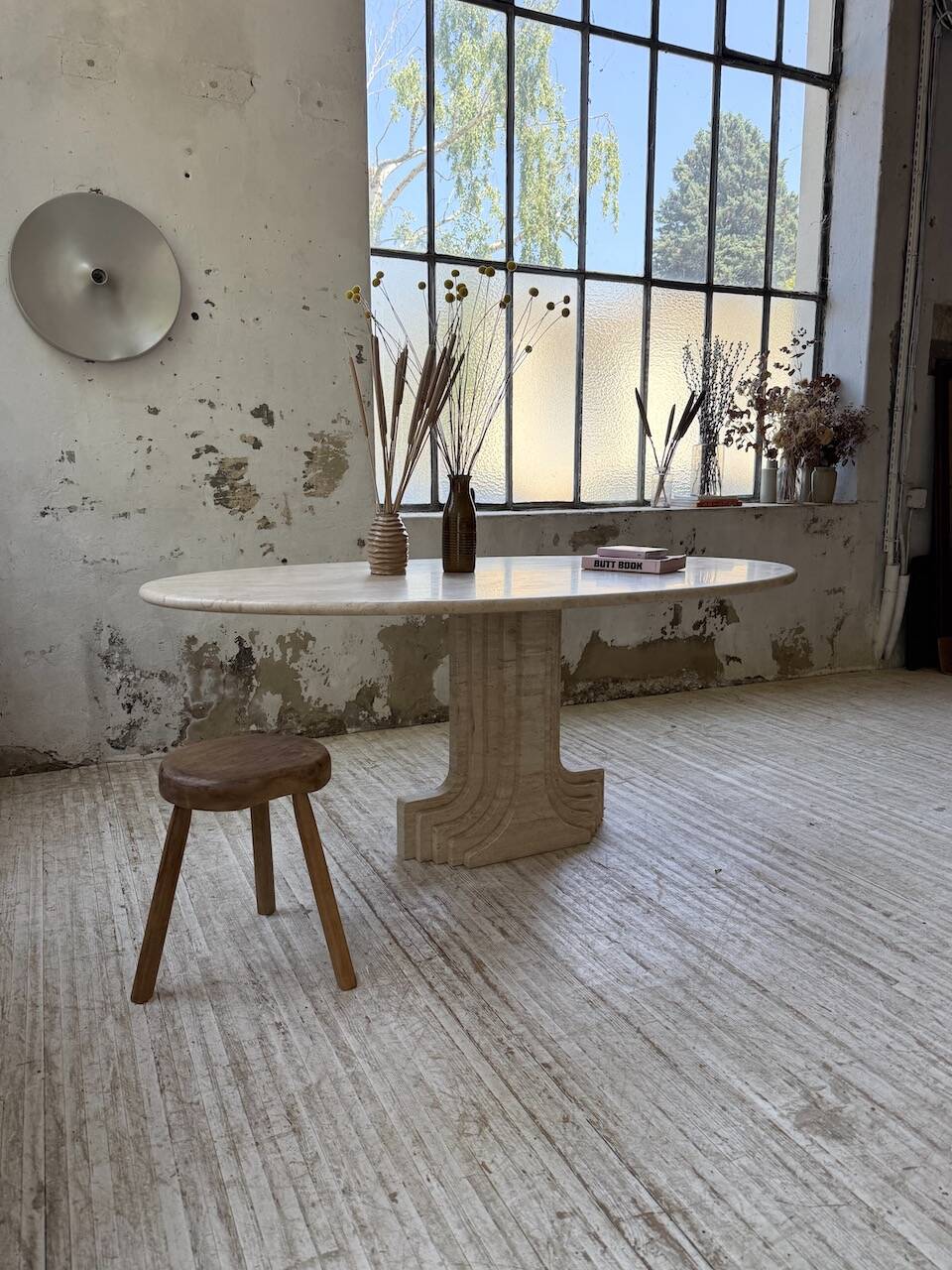Travertine dining table 1970 Italy Tobia Scarpa