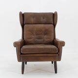 1970 Svend Skipper High Back Armchair and Stool in Brown Leather, Denmark