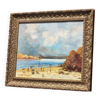 Peinture à l'huile sur toile, scène de plage française, fin du 19e siècle