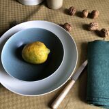 Old damask tablecloth in linen and checkered silk tinted saffron yellow