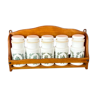 Set of 5 pharmacist jars and wood support