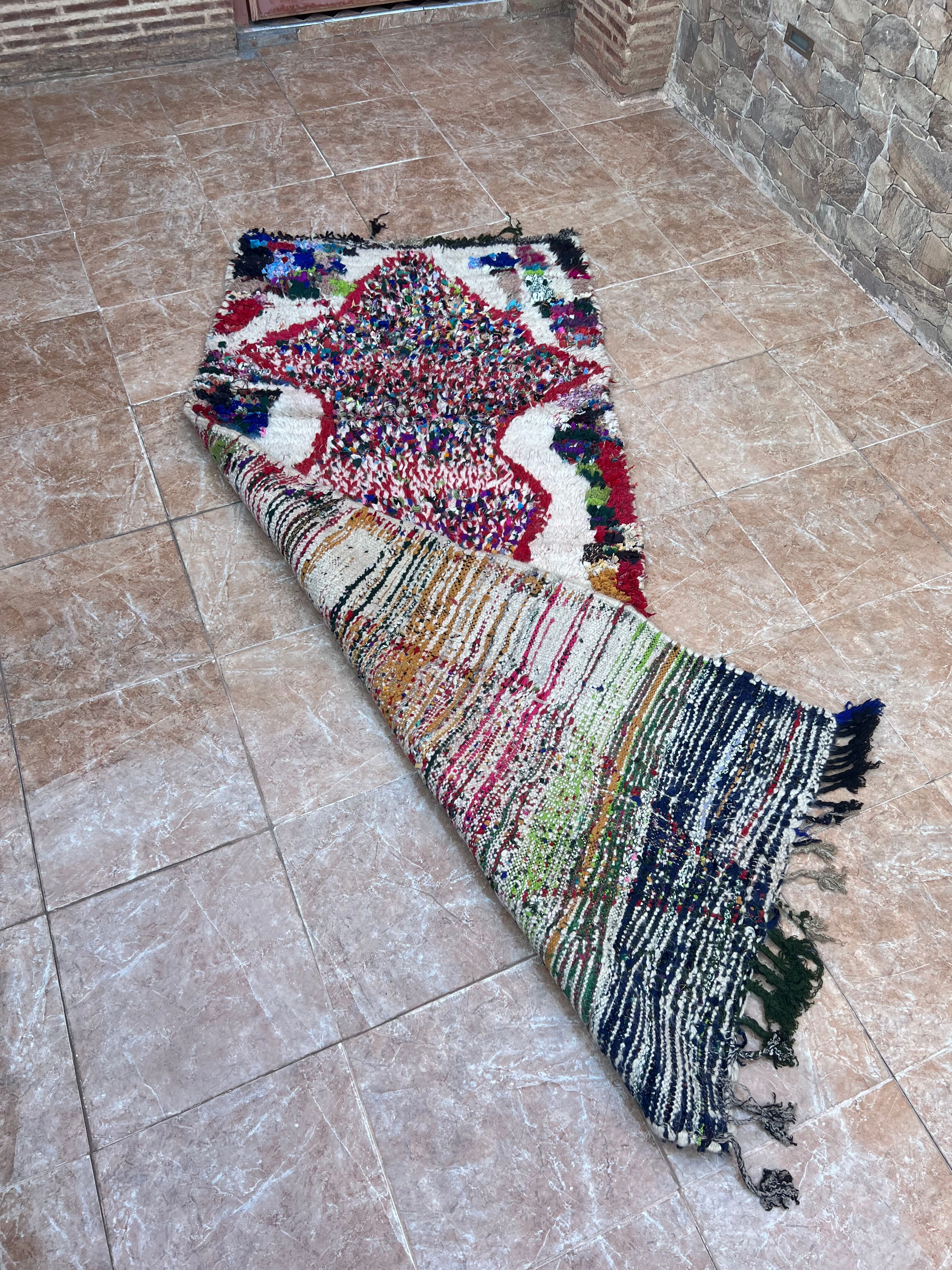 Vintage Boujaad wool table runner: red and black Moroccan rug.