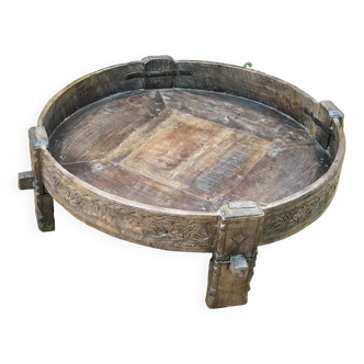 Antique Indian Teak Low Grinder Table, 1940s