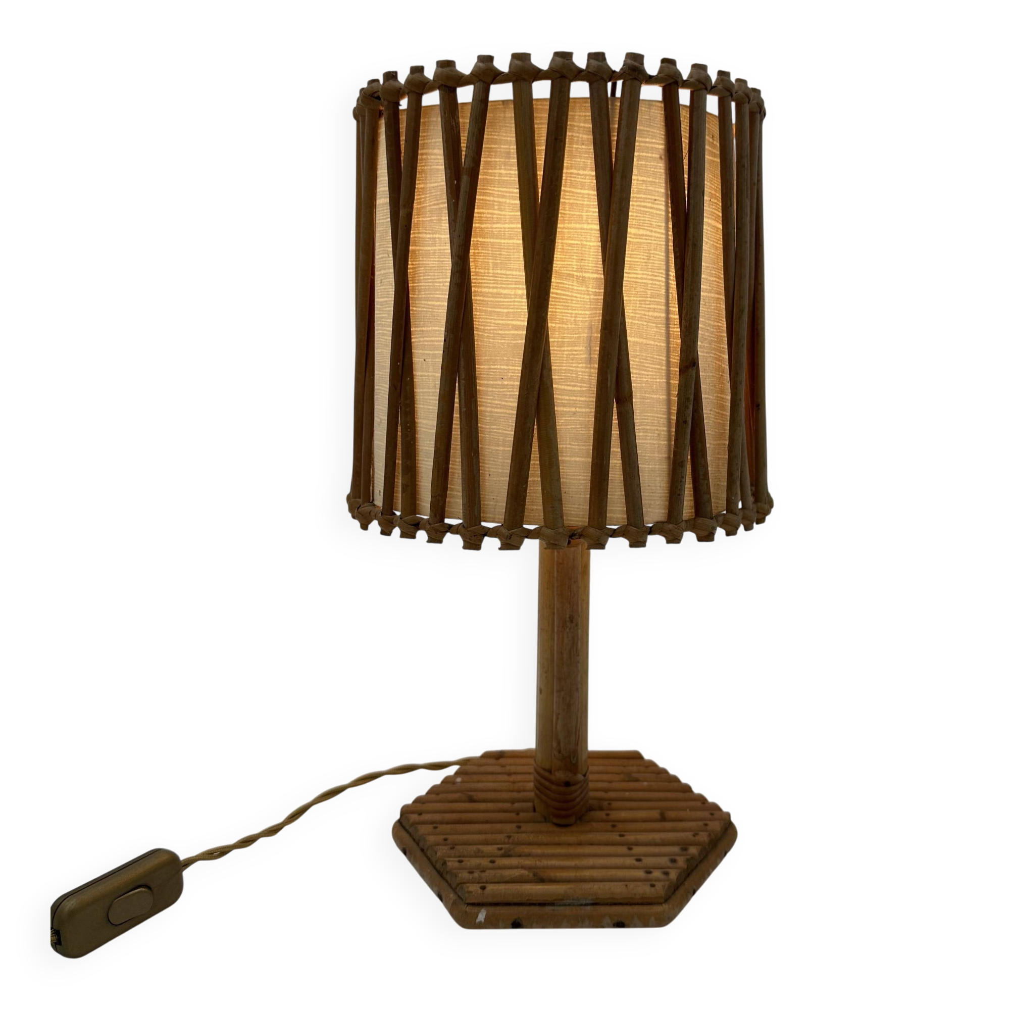 Rattan Table Lamp with Crosshatch Shade, Attributed to Louis Sognot,
