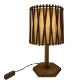 Lampe de Table en Rotin à Abat-jour Croisillons, Attribuée à Louis Sognot,