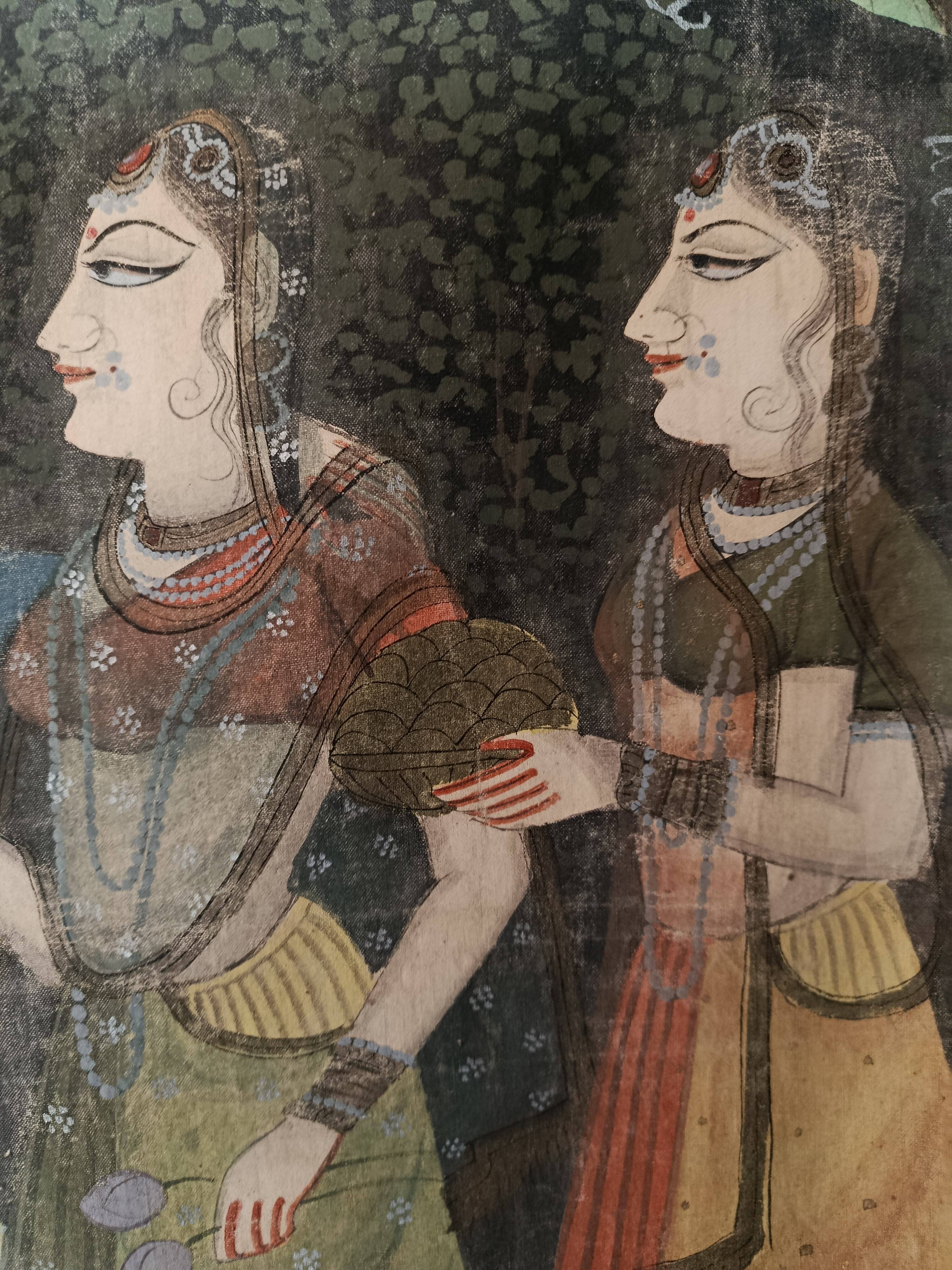 INDIA PICHWAI painting on silk KRISHNA RADHA GOPIS, Kanera Rajasthan mid 20th century