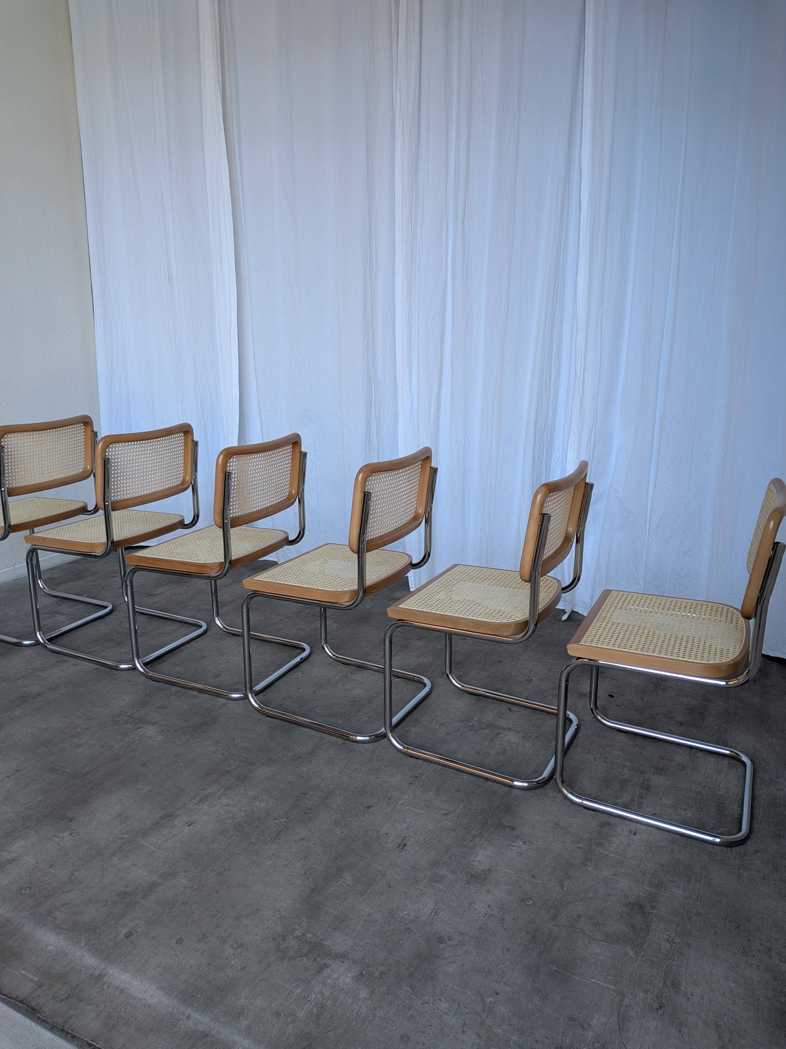 Ensemble de 6 chaises Cesca Design Marcel Breuer / Noyer clair, cannage, chrome, salle à manger