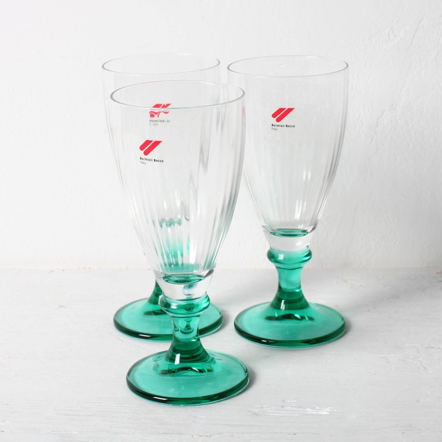 Set of 3 Vintage Bormioli Rocco Wine Glasses: Green Stem Harmonia, 1990s