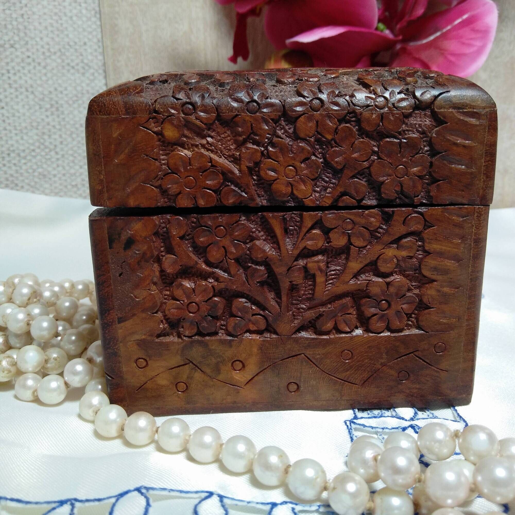 Ancient wooden jewelry box with mirror, engravings and brass décor,Asia India