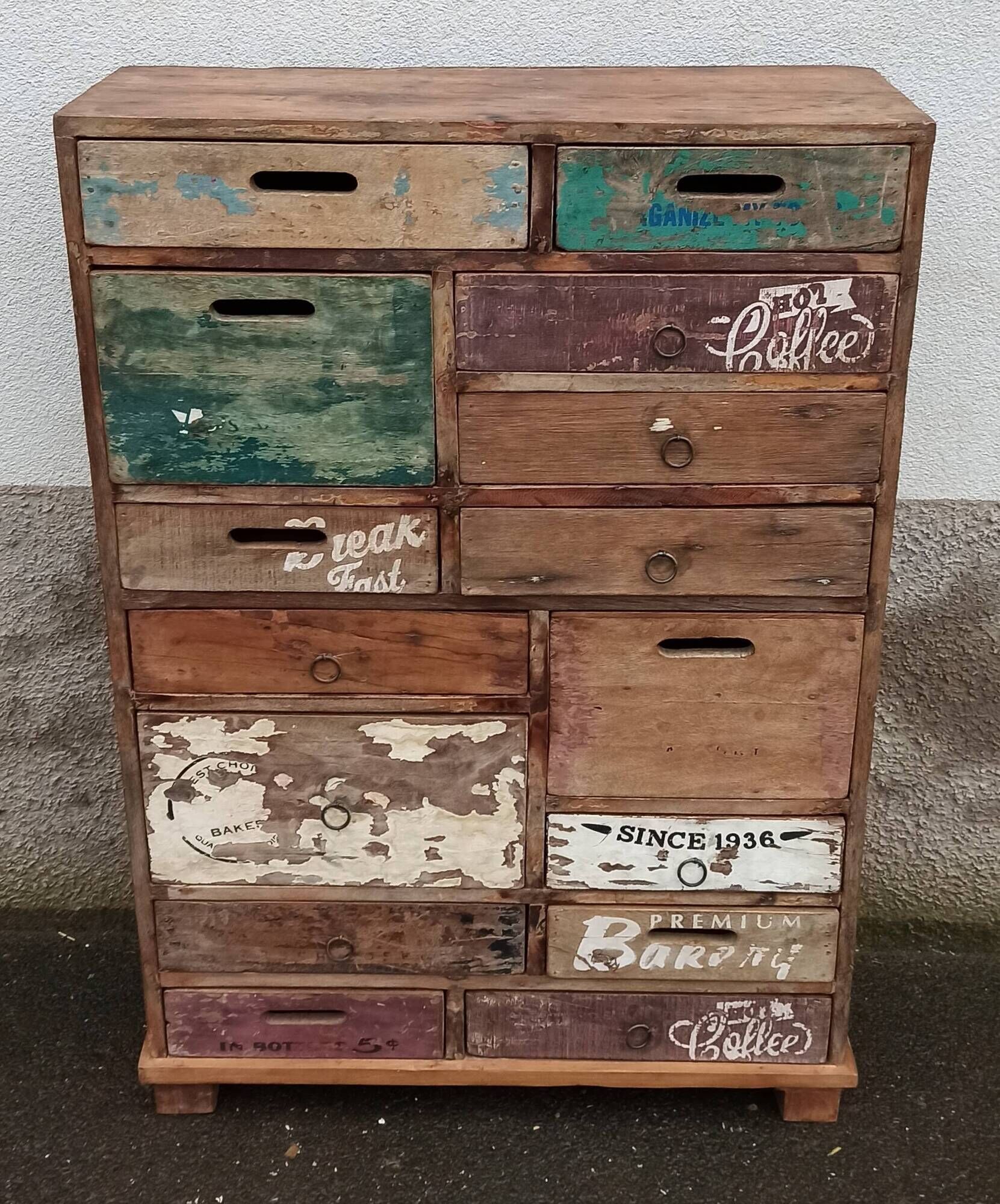 Original wooden chest of drawers with 15 mismatched drawers