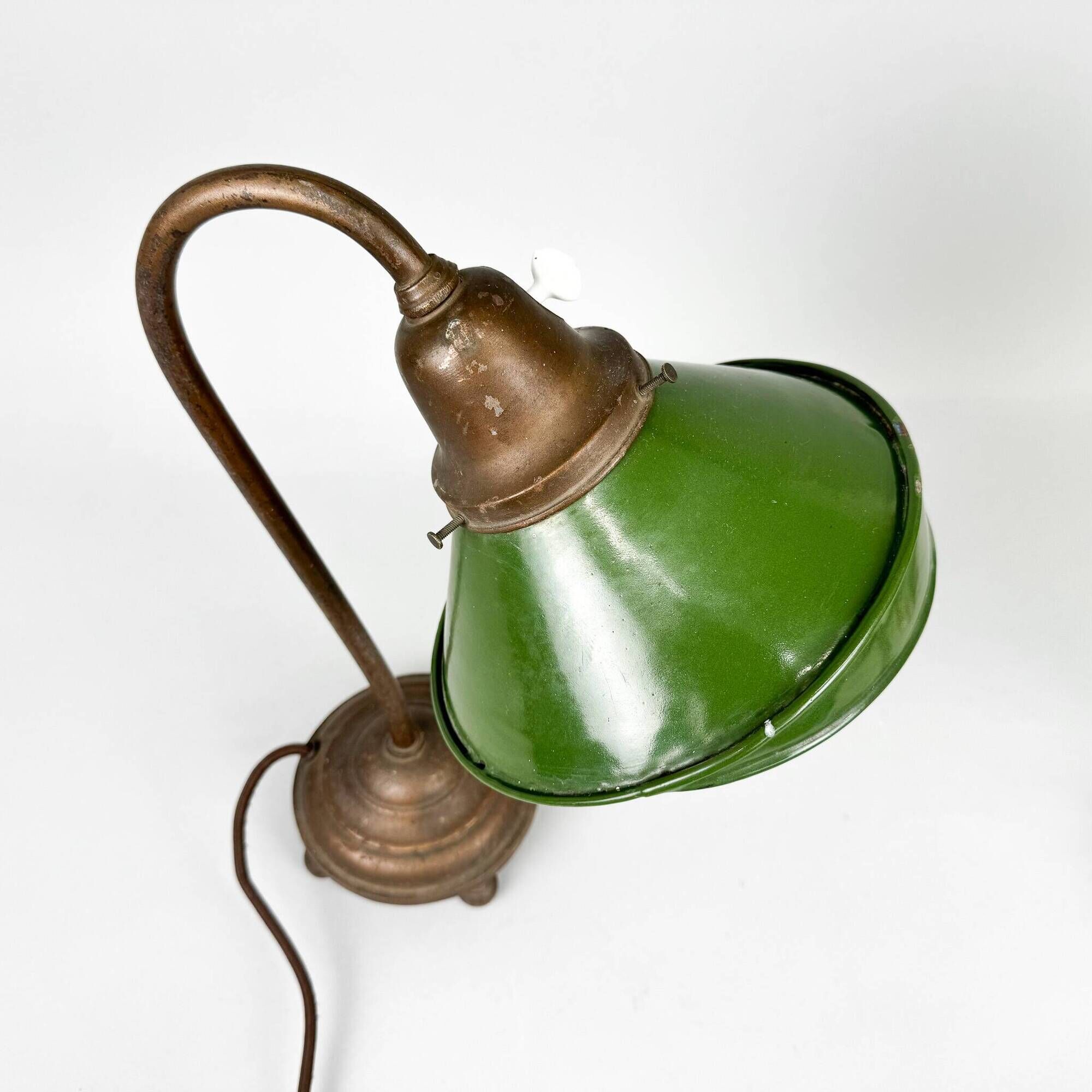 Pair of Unique 1920's Enamel & Cast Iron Desk Lamps, Czechoslovakia