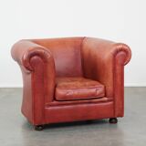 Cowhide Leather English Chesterfield Club Chair in a Light Red Tone