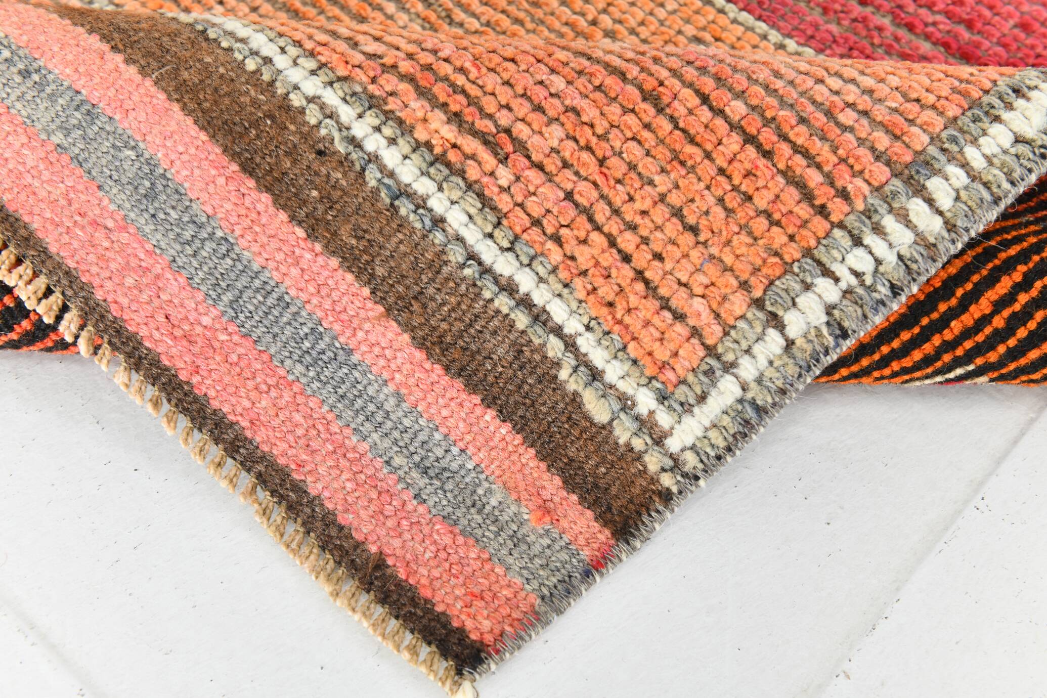 3x11 Crimson & Grey Boho Hallway Rug, Handmade Turkish Wool Rug, 93x342Cm