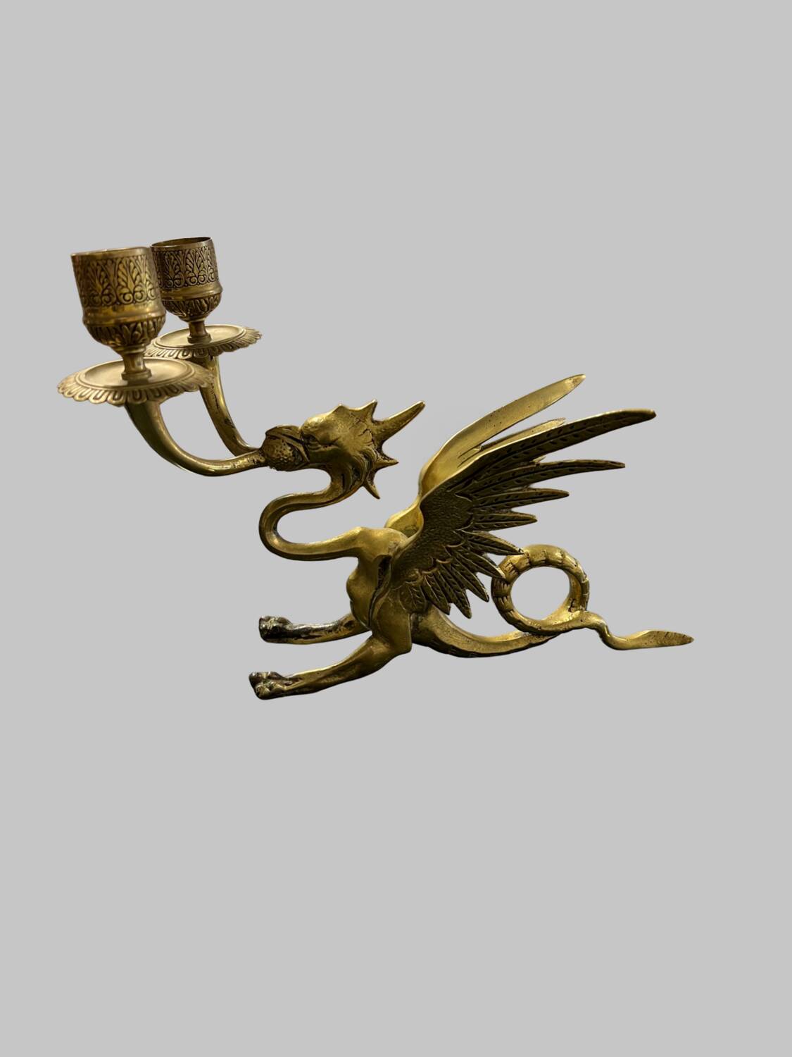 Vintage brass winged dragon double candlestick (Hollywood  Regency)