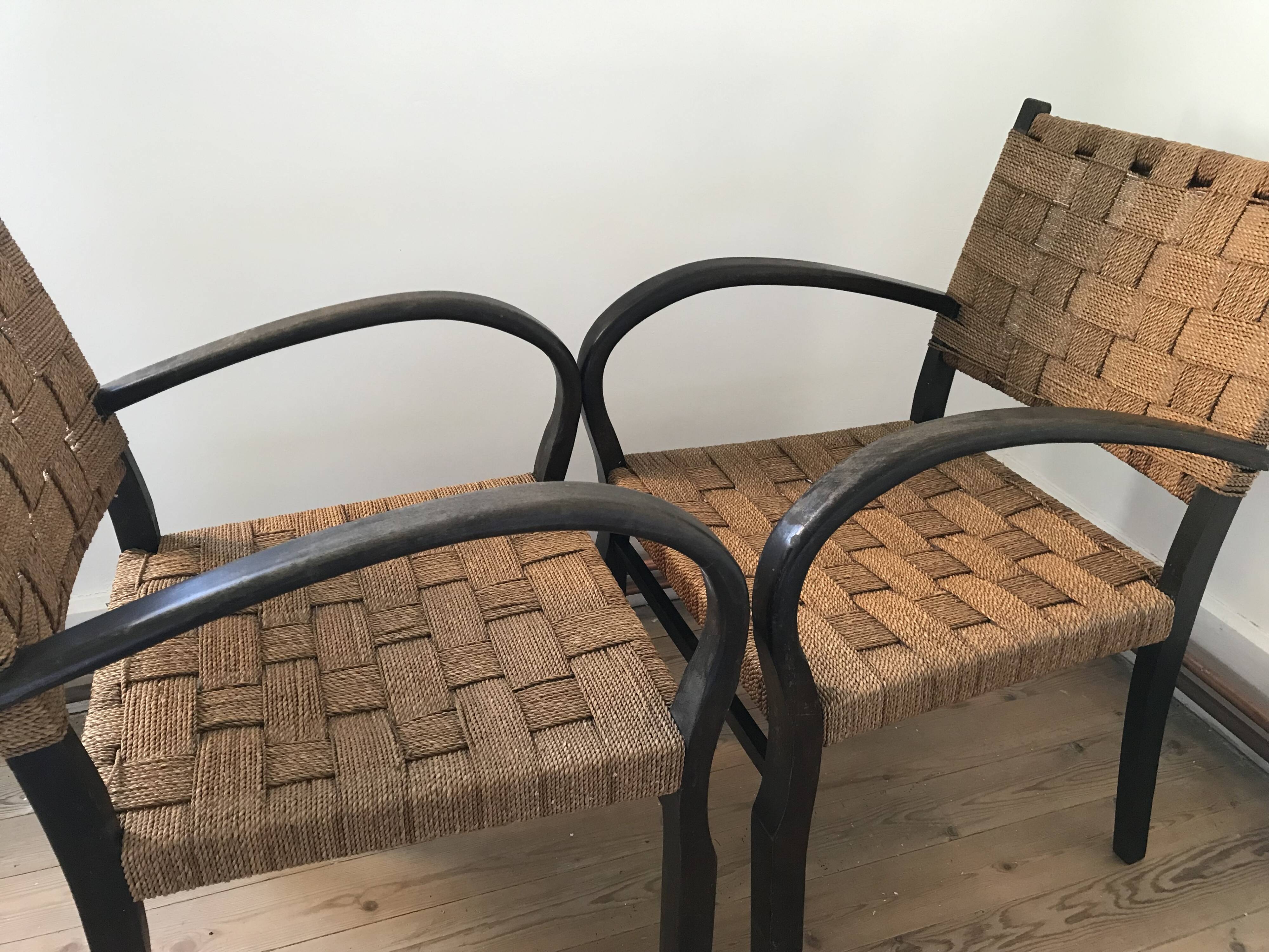 Pair of vintage rope armchairs, wooden frame, Sweden, 1960, Axel Larsson