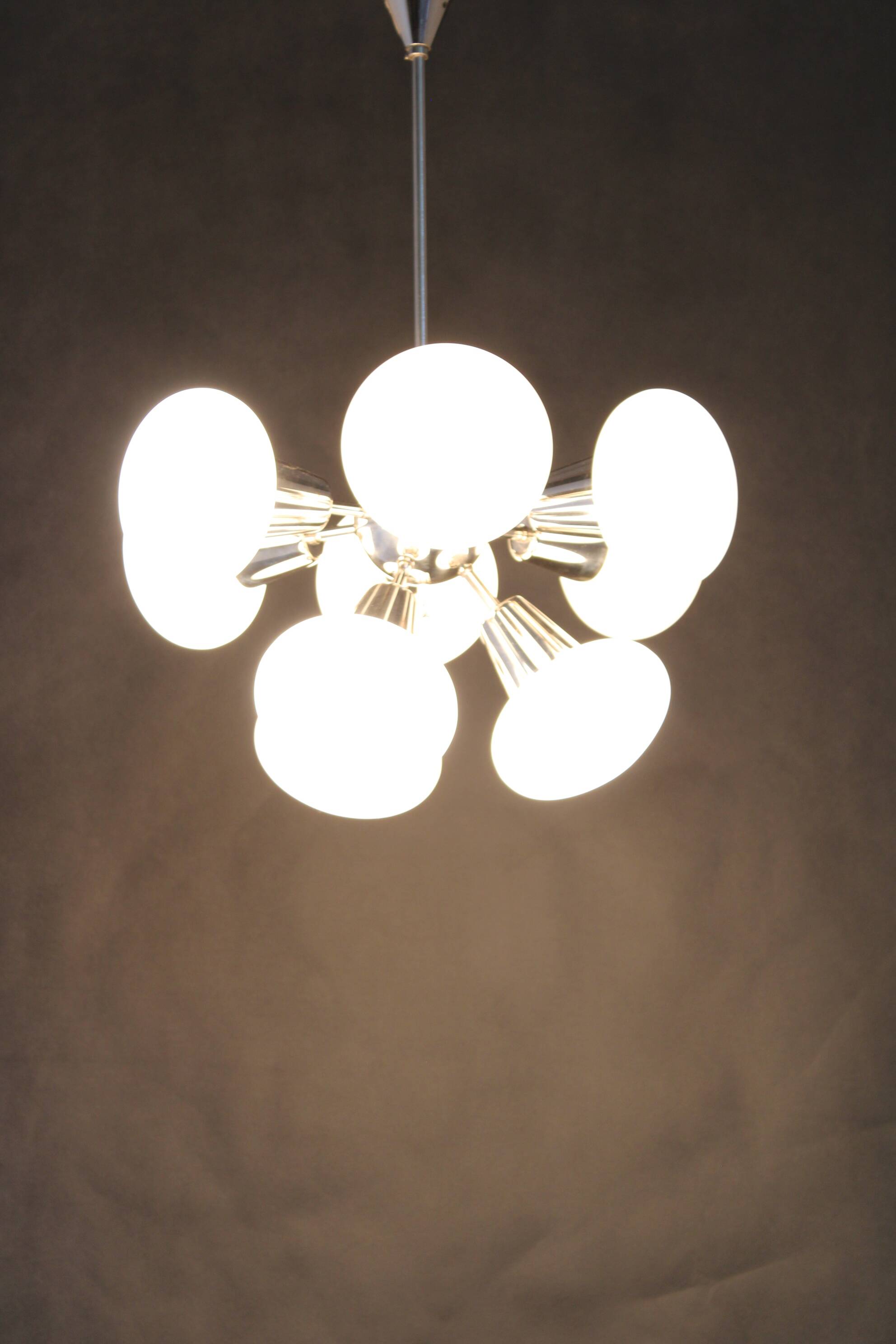 1970s Sputnik Chrome Plated 9-Flamming Chandelier by Kamenicky Senov , Czechoslovakia