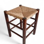 Charlotte Perriand Style, Pair of Rustic Wood and Straw Stools, France, c. 1950s