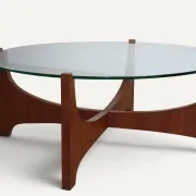 Round coffee table in teak and glass, after Hugues Poignant – 1960s