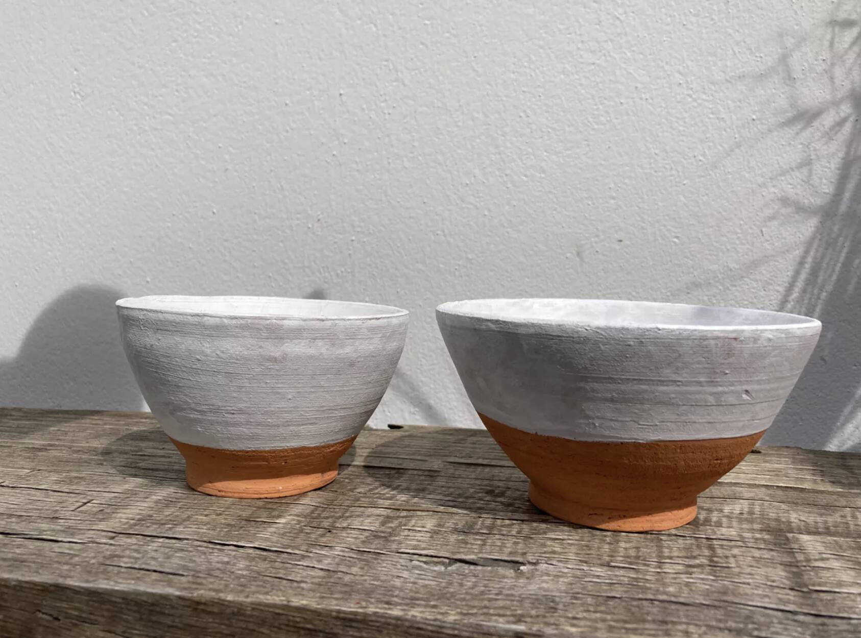 Duo of white ceramic pottery bowls wabi sabi