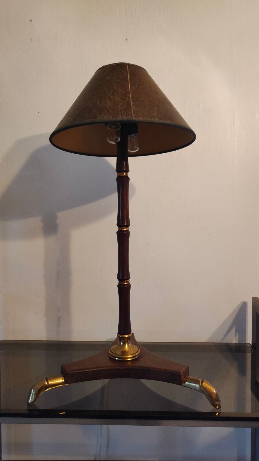 Art Deco tripod lamp in wood and brass signed France Paris