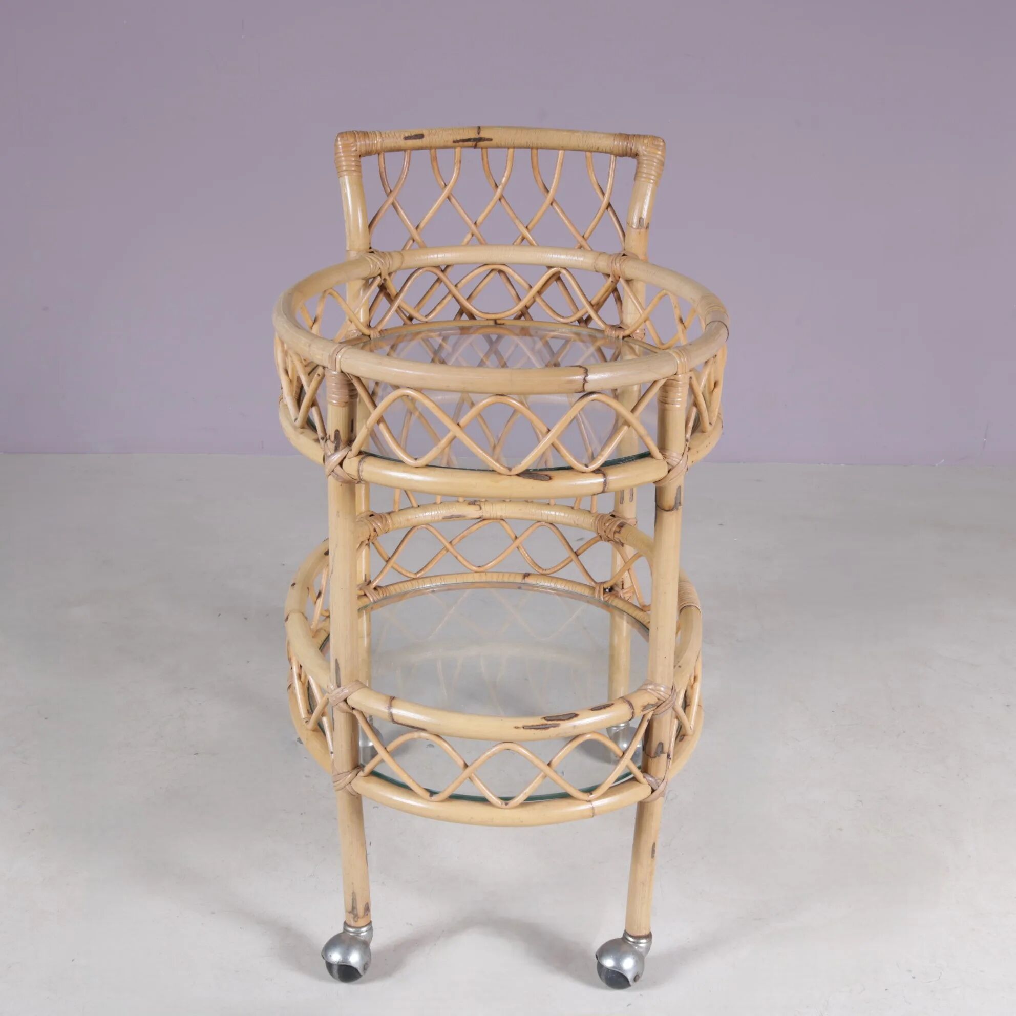 1950s bamboo trolley with two glass tops Italy