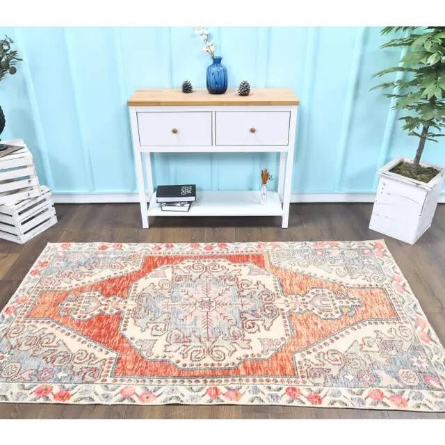 Tapis turc en laine orange fait main, années 1970