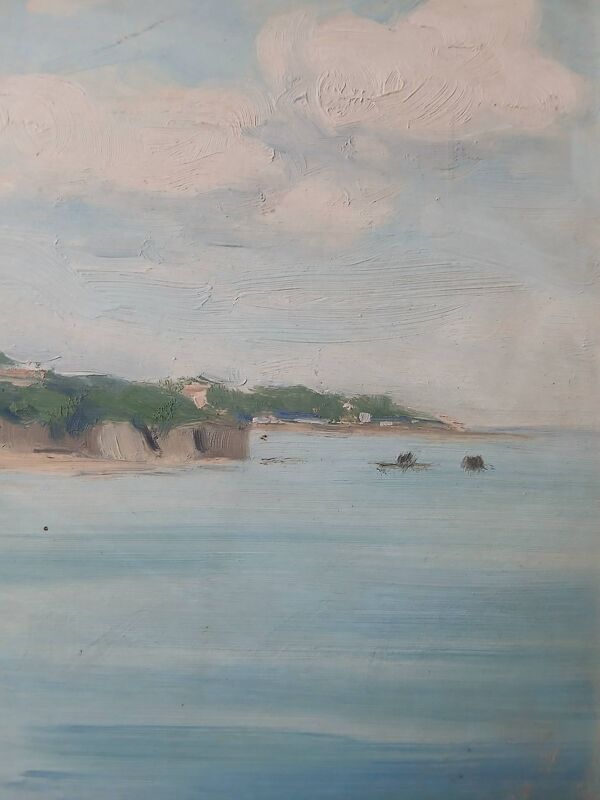 Tableau vintage paysage côtier avec pêcheur solitaire