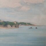 Vintage painting of a coastal landscape with a solitary fisherman.