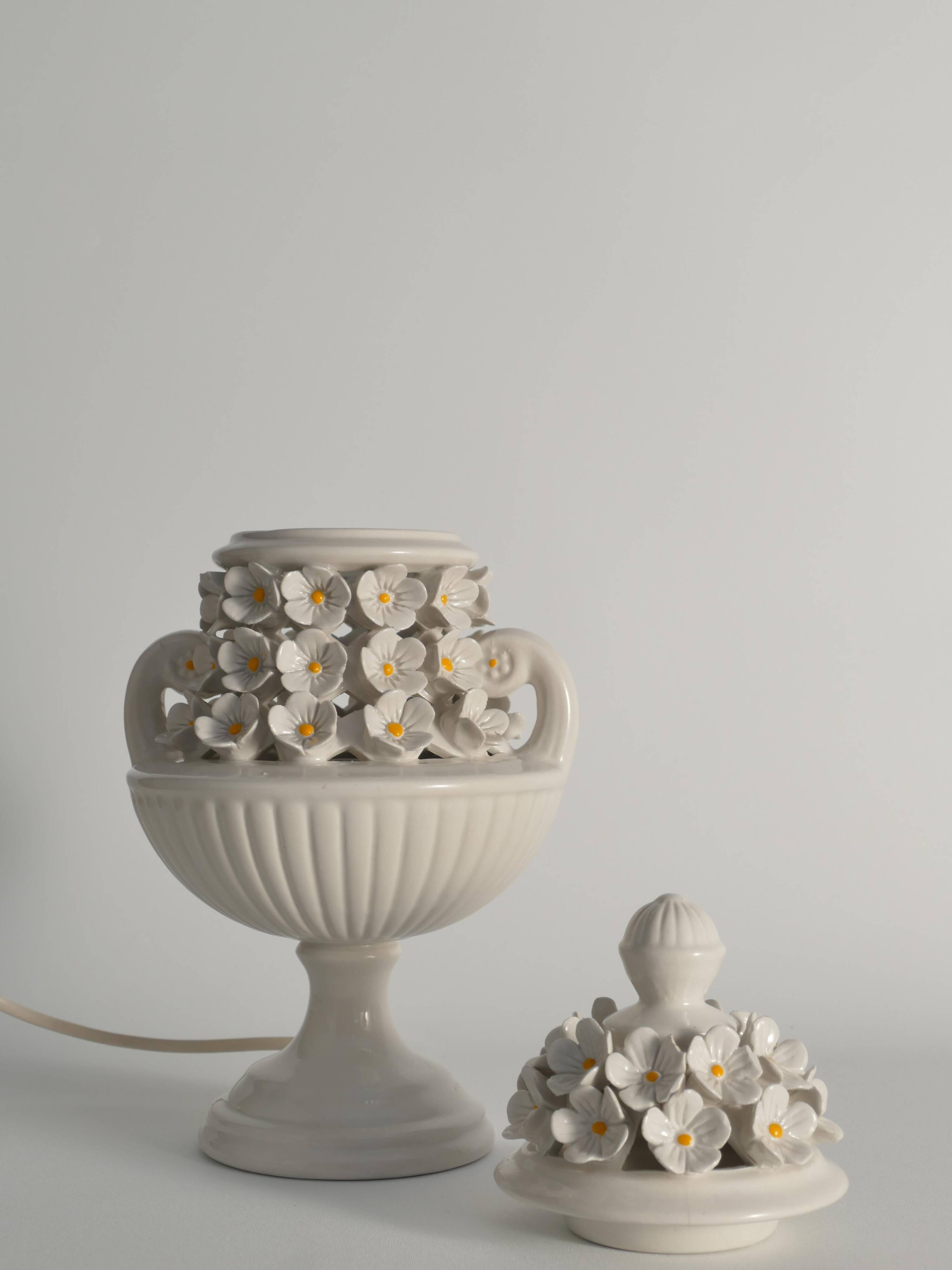 White Ceramic Table Lamp with Flower Motif, Italy 1960s